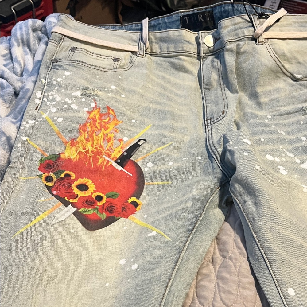 Graphic THRT Light Blue Jeans with Heart and Flame Design